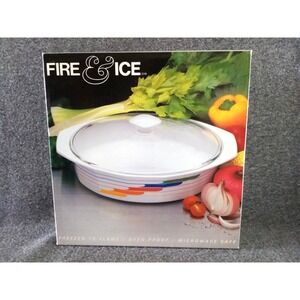 Studio Nova Hi Fi Casserole Dish w/ Lid 2 1/2 Qt Rainbow Fire & Ice Vtg Orig Box